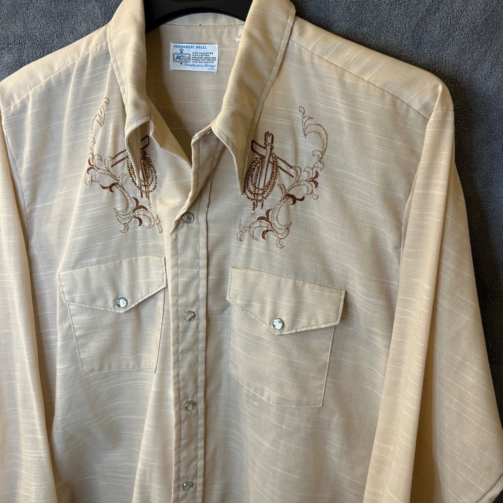 VTG Kmart Mens L Western Pearl Snap Permanent Press Shirt Tan Embroidered Cross‎